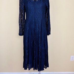 1990s Vintage Nostalgia Rayon Lace Dress / 90s Grunge Sheer Floral Navy Blue and Black Midi Dress / Size Small Medium image 2