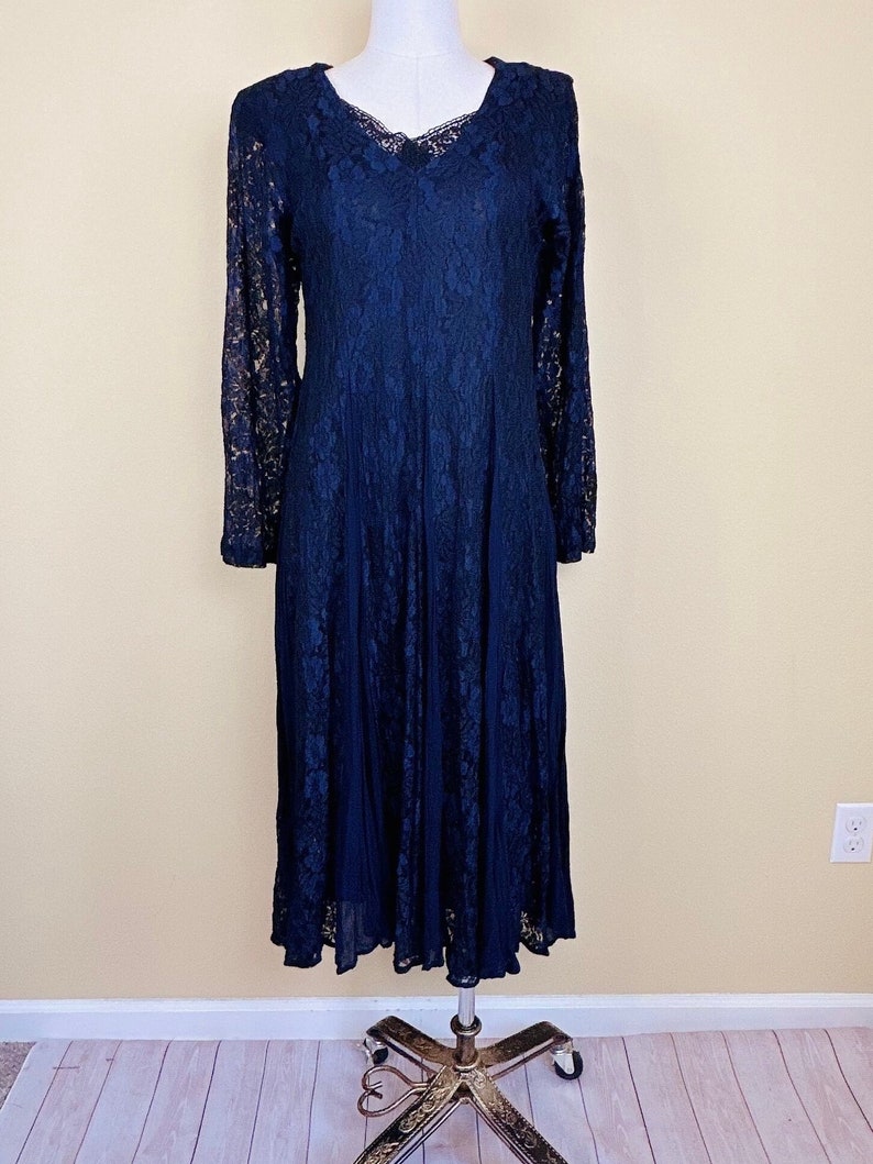 1990s Vintage Nostalgia Rayon Lace Dress / 90s Grunge Sheer Floral Navy Blue and Black Midi Dress / Size Small Medium image 2