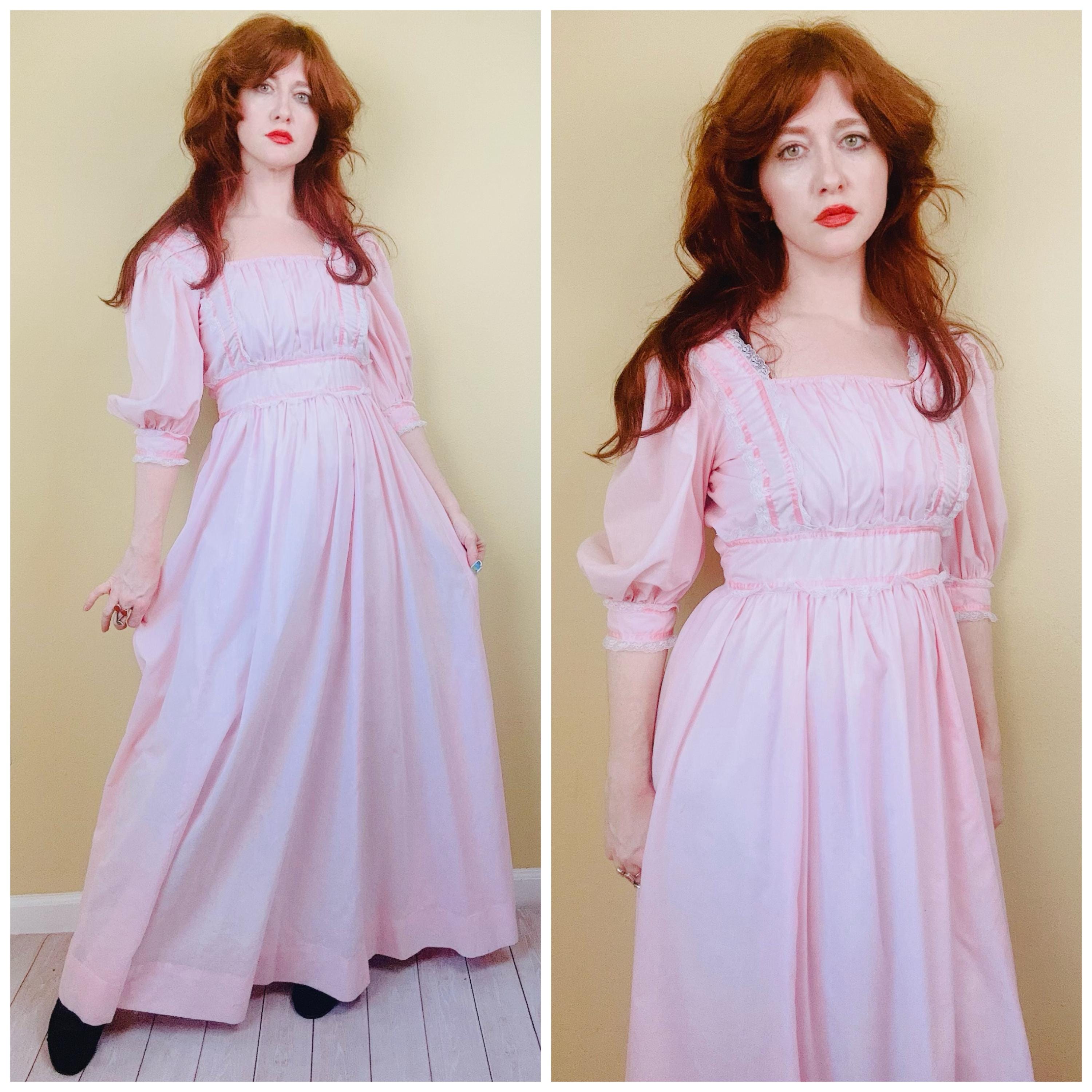 1970s Vintage Pastel Pink Homemade Prairie Dress / 70s Cotton Ribbon Trim Puffed Sleeve Maxi / Small - Medium