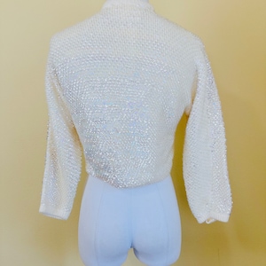 1960s Vintage Homemade Acrylic Cream Cardigan / 60s / Sixties Iridescent Sequin Pinup Cropped / Sweater image 4