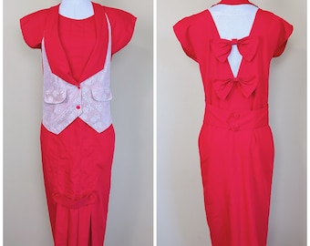 1980s O-Zone Red Bow Back Shift Dress / 80s / Eighties Lace Vest Pleated Nautical Set / Medium