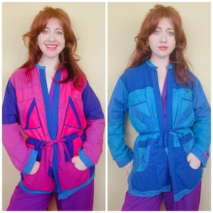 1980s Vintage Cotton Color Black Patchwork Jacket / 80s Pink