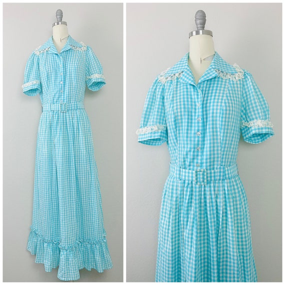 1970s Vintage Blue and White Gingham Puffed Sleeve