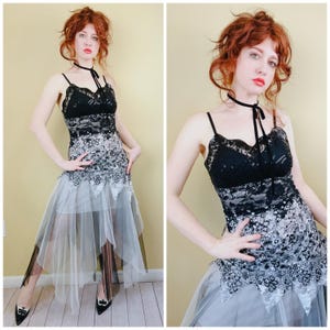 Y2K Insane Rare Whimsy Goth Fairy Dress / Vintage Black and Grey Mesh, Lace and Sequin Dress / Small - Medium