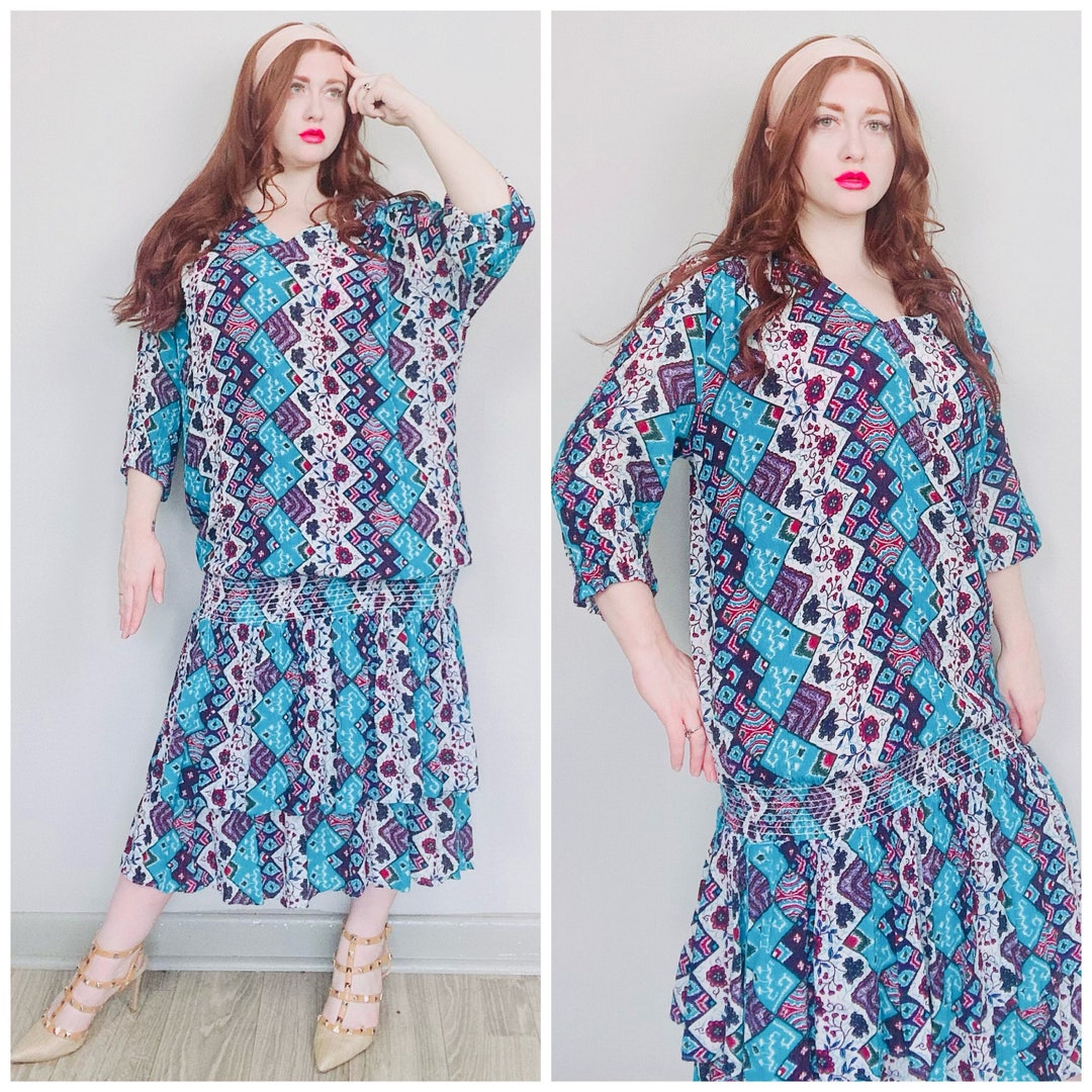 1980s Vintage Sharon Anthony Blue Southwest Print Dress / 80s Rayon ...