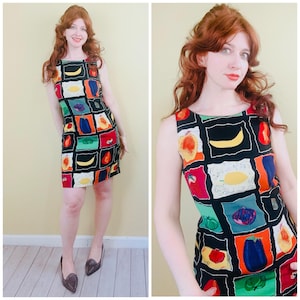 1990s Magical Art Fruit Print Dress / 90s Multi Color Novelty Print Strawberry Mini / Small - Medium