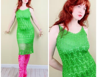 Y2K Bardelli Beverly Hills Rayon Green Beaded Crochet Dress / Medium