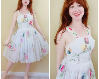 Abito da festa vintage anni '60 con stampa floreale: modello a trapezio in tulle, taglia S.