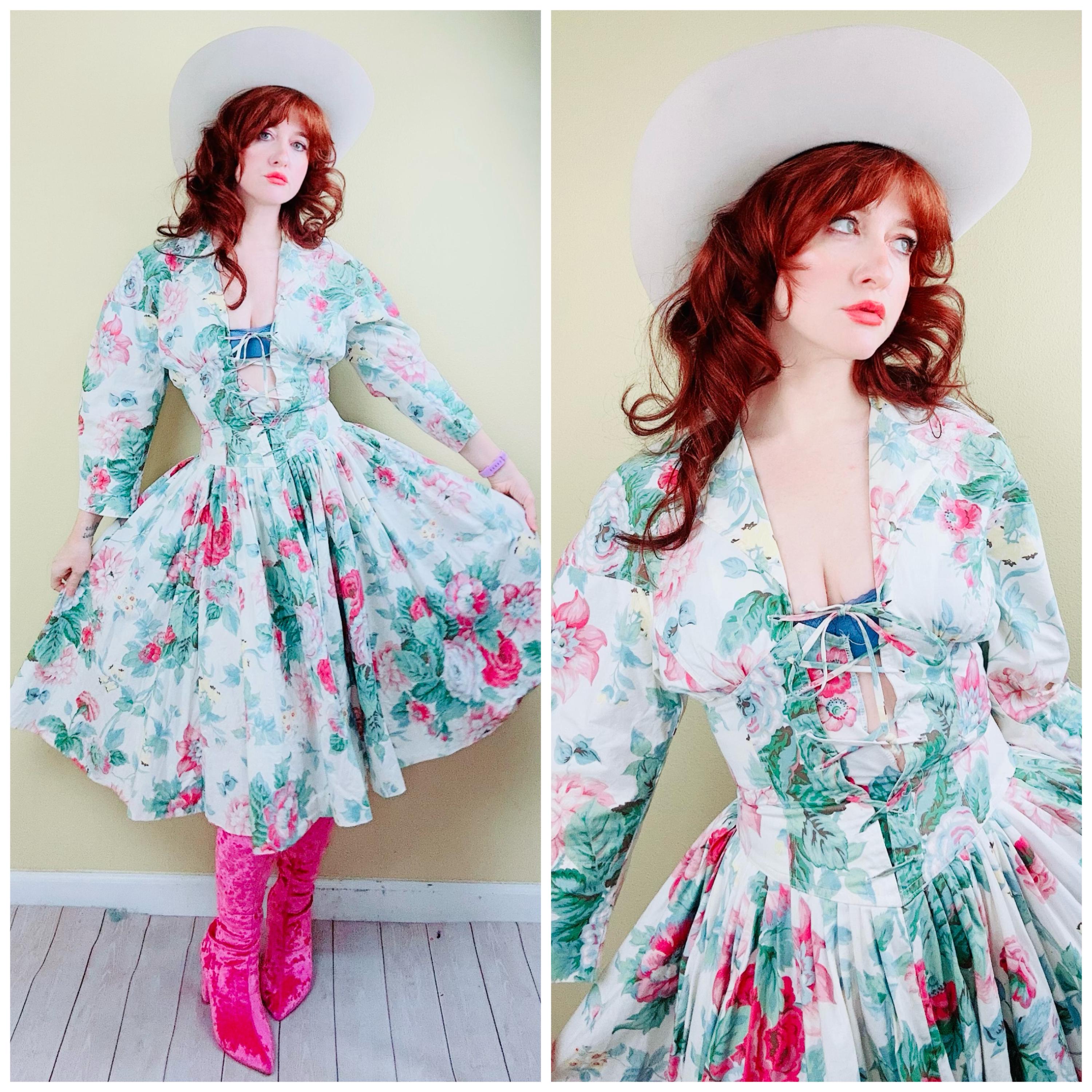 1980s Vintage Rhonda Harness Floral Corset Dress / 80s Dolman