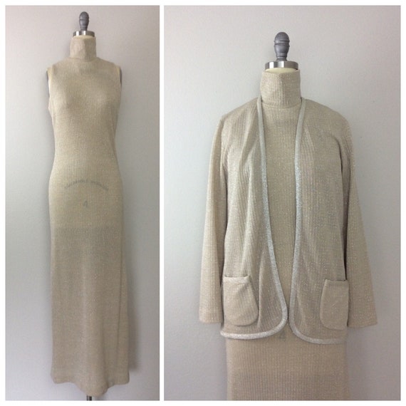 1970s Vintage Semon Frelich Gold Knit Maxi and Jac