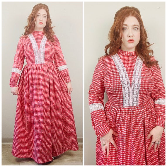 1970s Vintage Red and White Gingham Western Maxi D
