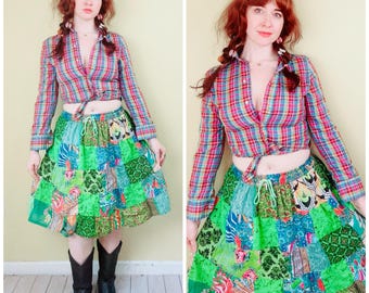 Baumwolle Vintage Grüner Patchwork Rock | Boho Festival Midi Rock | Hippie Patchwork Rock