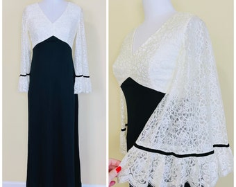 1970s Vintage Black and Cream Lace Angel Sleeve Dress / 70s Empire Waist Romantic Bell Sleeve Maxi Gown / Size Small