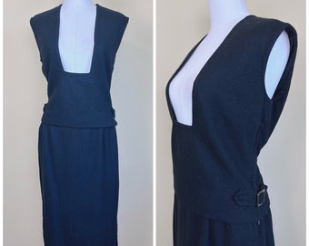 1960s Vintage Black Wool Vest and Pencil Skirt / 60s Bombshell Pinafore Top and Wiggle Skirt / Size Medium / Large