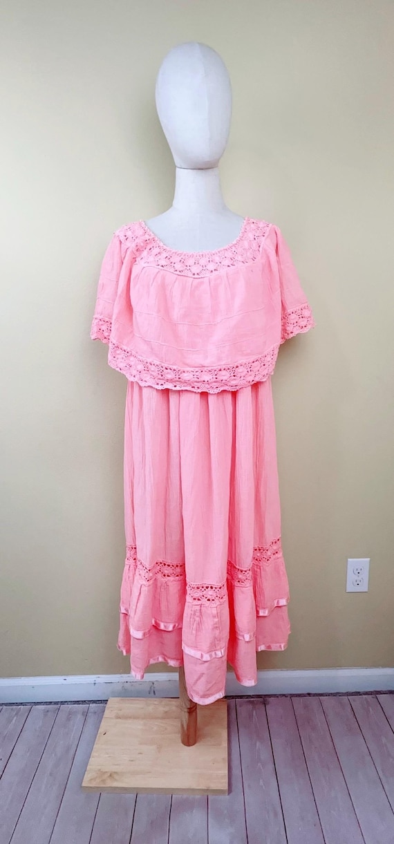 1970s Vintage Pink Gauze off Shoulder Lace Trim Maxi Dress / One