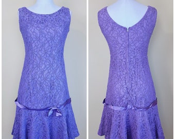 1960s Vintage Purple Lace Drop Waist Dress / 60s / Sixties Mermaid Ruffled Bow Tank Dress / Size Small - Medium