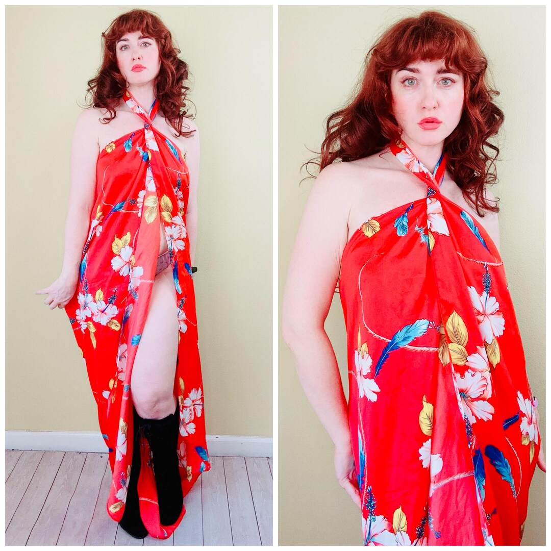 1970s Vintage Red Hawaiian Sarong Dress | Tropical Halter Maxi Dress ...