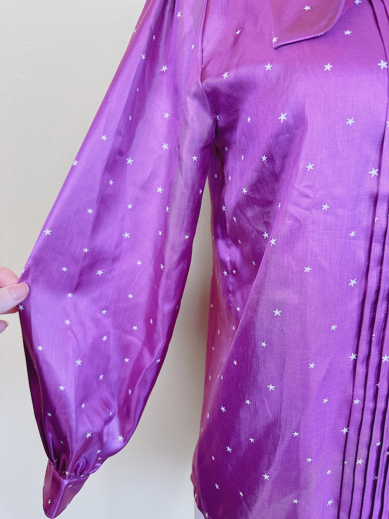 1980s Hanae Mori Tops Silky Blouse / 80s Magenta Pleated Ascot Star Print Butt Up Shirt / Small Medium image 5