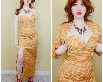 1980s Dana Deatherage Mustard Satin Dress: Vintage Ruched Bombshell Gown, Bolero Set