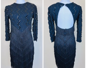 1980s Vintage Dave And Johnny Fringe Cut Out Back Dress / 80s Strech Fringed Sequin Wiggle Dress / Medium