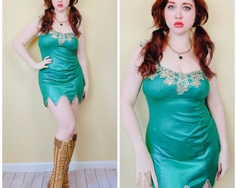 1990s Vintage Dreamgirl Spandex Metallic Mini Dress / 90s Green and Gold Embroidered Body Con Dress / Size Medium