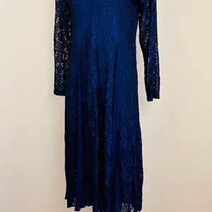 1990s Vintage Nostalgia Rayon Lace Dress / 90s Grunge Sheer Floral Navy Blue and Black Midi Dress / Size Small Medium image 3