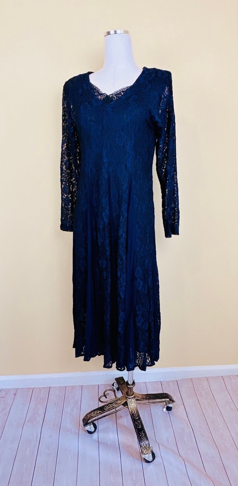 1990s Vintage Nostalgia Rayon Lace Dress / 90s Grunge Sheer Floral Navy Blue and Black Midi Dress / Size Small Medium image 3