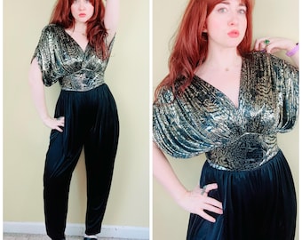 1980s Susan Roselli Vijack Vintage Metallic Jumpsuit | Animal Print Disco Jumpsuit | Hidden Leopard Statement Wide Leg Romper / Medium