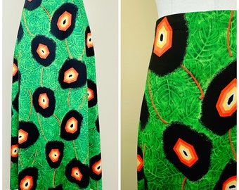 1970s Vintage Neon Geen Leaf Print Skirt / 70s High Waisted Orange and Abstract Maxi Skirt / Size Small