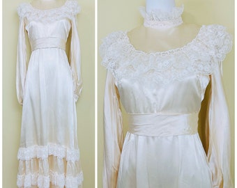 1970s Vintage Cream Liquid Silk Wedding Dress / 70s Prairie Lace Ruffled Bib Victorian Maxi Gown / Medium