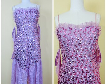 1980s Vintage New Leaf Lavender Sequin Dress / 80s Lace Mermaid Wiggle Dress With Matching Gloves Purple / Small - Medium