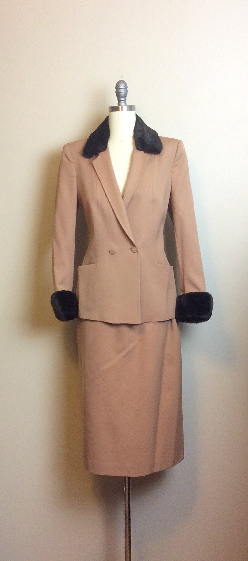 Vintage 1980s does 1940s Daniele O Paris Brown Wool Suit 80s Faux Fur Trim Skirt and Blazer Set Size Medium