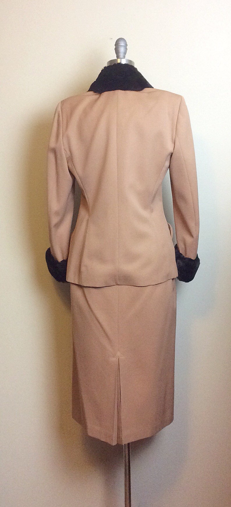 Vintage 1980s does 1940s Daniele O Paris Brown Wool Suit 80s Faux Fur Trim Skirt and Blazer Set Size Medium