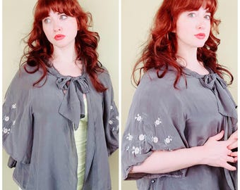 Y2K Vintage Silk Gray Kimono Top | Embroidered Boho Cover Up | Romantic Tie Front Blouse / Cape Top / Size Large