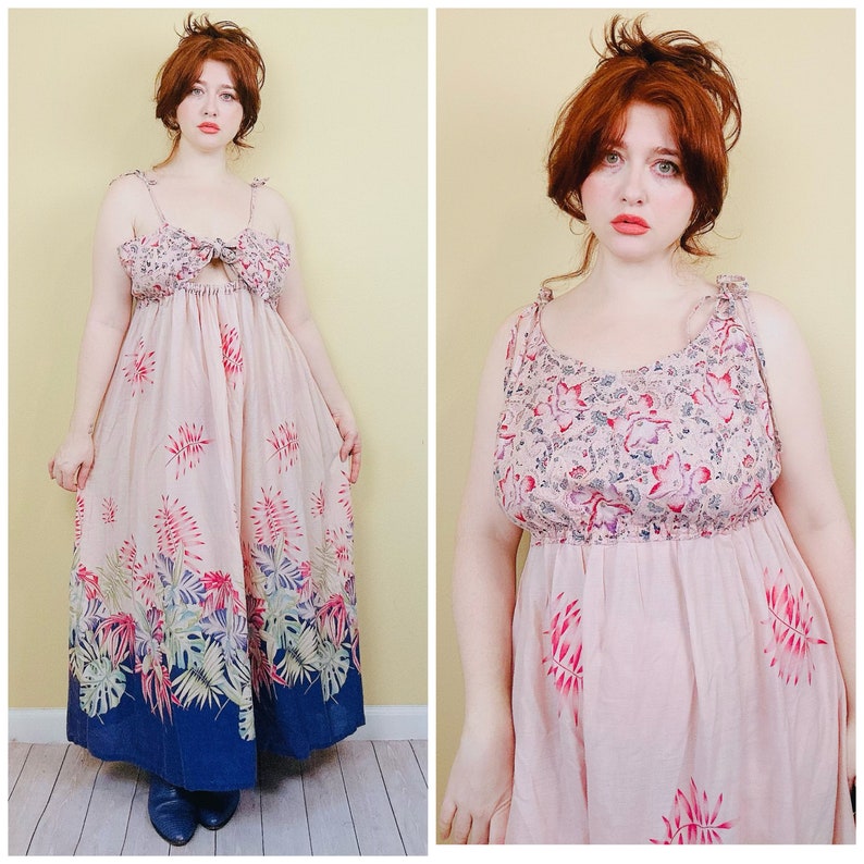 1970s Vintage Pink and Purple Floral Maxi Dress / 70s Cotton Reversible Hibiscus Gown / Size Large XL image 1