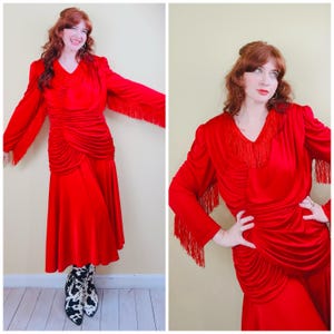 1980s Vintage Red Ruched Filigree Western Dress / 80s Dynasty Fringe Drop Waist Dress / Large - XL