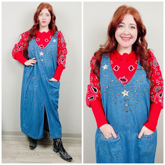 1990s Vintage Venice Blues Studded Star Smock Dres