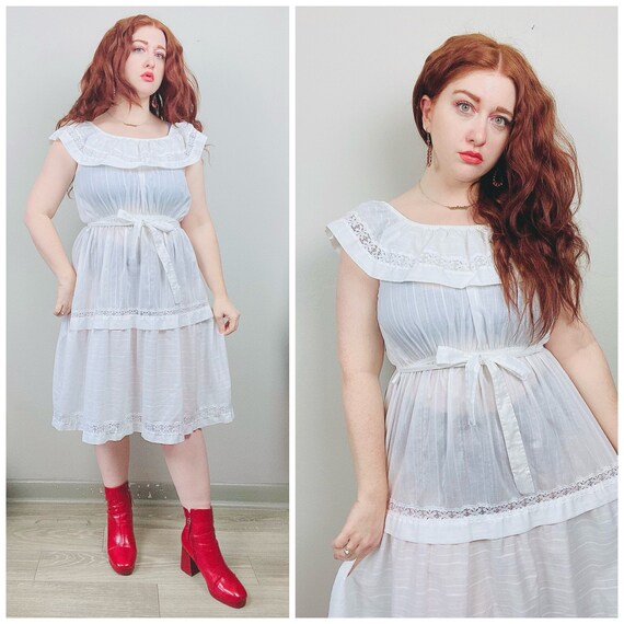 1970s Vintage White and Lace Off Shoulder Peasant