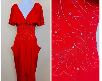 1980s Vintage Rayon / Acetate Red Casadei Dress / 80s Soutache Beaded Cape Wiggle Cocktail Gown / Small