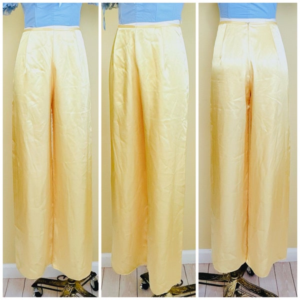 1990s Vintage Pastel Yellow Silky Slim Cut Trousers / 90s Mid Rise Buttercream Satin Pants / Size Small