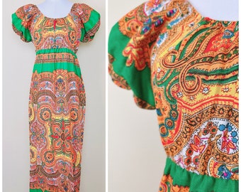 1970s Vintage Green and Yellow Paisley Peasant Dress / 70s / Seventies Puffed Sleeve Elastic Kaleidoscope Psychedelic Maxi /  Small/Medium
