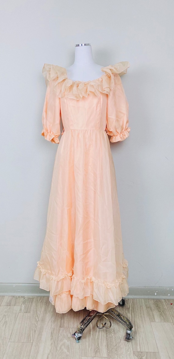 1980s Vintage Fancy Frocks Peach Puffed Sleeve Pr… - image 2