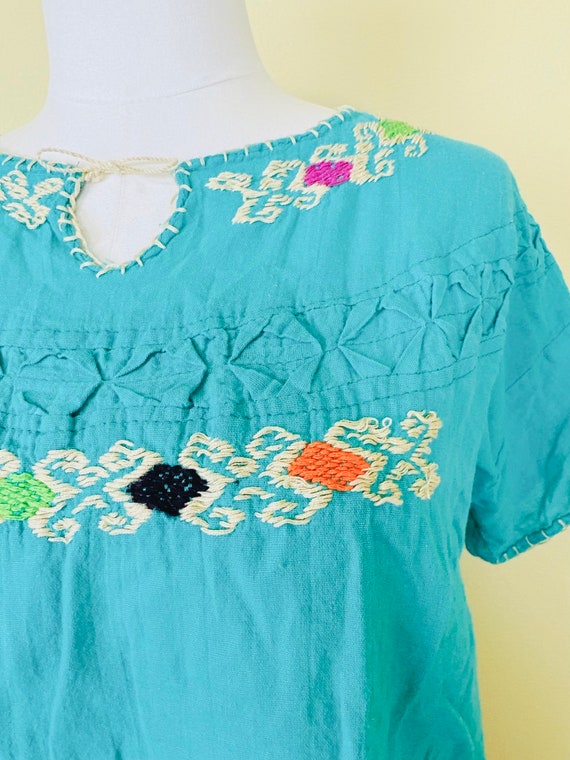 1980s Vintage Cotton Turquoise Peasant Blouse / E… - image 4