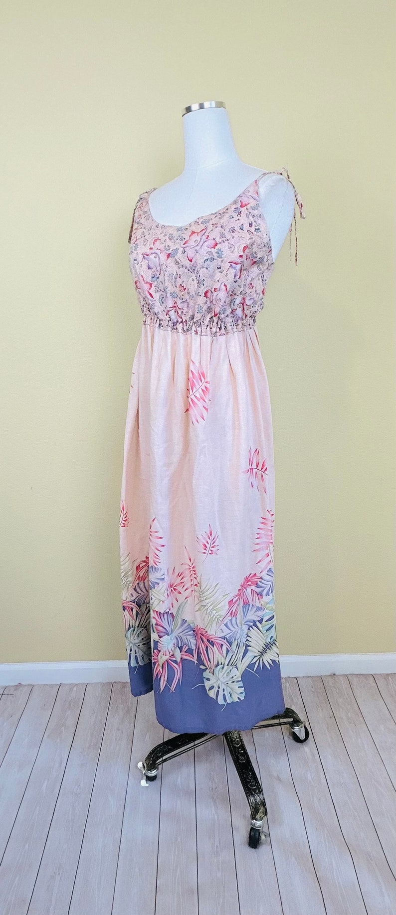 1970s Vintage Pink and Purple Floral Maxi Dress / 70s Cotton Reversible Hibiscus Gown / Size Large XL image 2