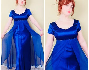 Vestido de gasa azul marino vintage de los años 90 / Vestido de noche formal / Vestido largo para invitada de boda o graduación / Rosetones / Cintura imperio / Mediano