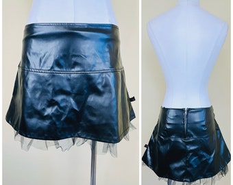 Y2K Tripp Nyc Low Rise Pleather Skirt / Vintage Tulle Trim Goth Black Micro Mini / Size Small