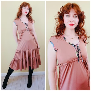 1970s Vintage Brown Poly Tiered Prairie Dress / 70s / Seventies Floral Trim Fit and Flare Dress / Medium