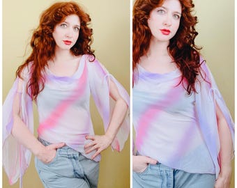Y2K Deadstock Sheer Pastel Chiffon Blouse / Vintage Juliet Sleeve pink and Purple Fairy top / Small
