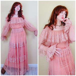 1970s Vintage Dusty Rose ruffled Romantic Gown / 70s / Sheer Sleeve Tiered Maxi Dress / XS - Small