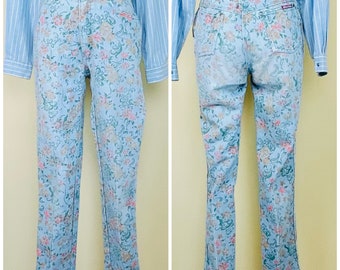 1980s Vintage Braxton Stretch High Waisted Jeans / 80s Floral Print Rayon / Cotton Mom Denim Pants / Medium (27" Waist)